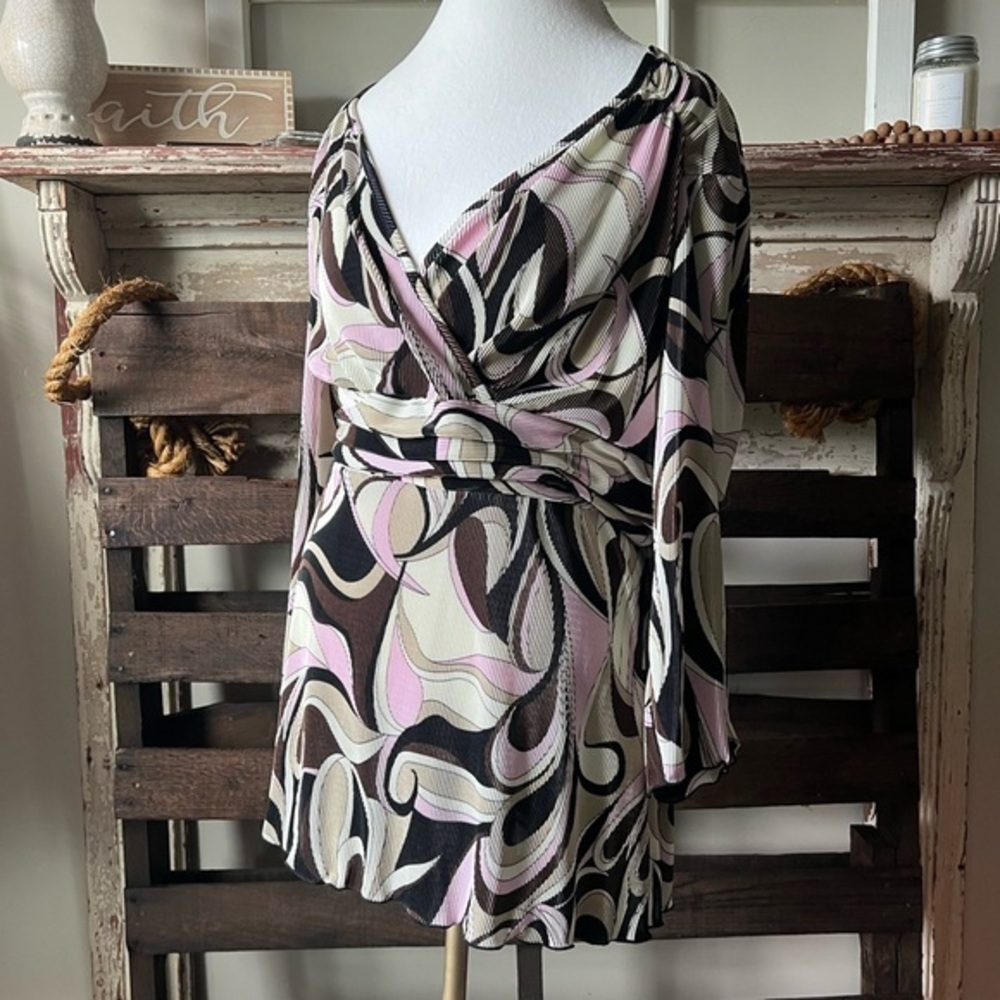 🟠NWT CATO WOMAN Plus 3/4 Sleeve Blouse in Pink/Brown/Cream Print Sz 22/24